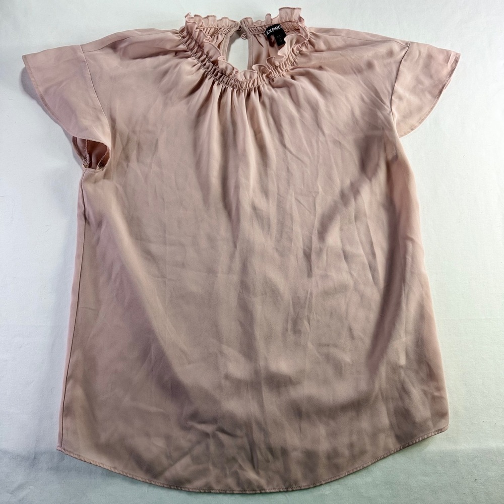 Express Flutter Sleeve Smocked Ruffle Neck Blouse Size M Blush Pink Keyhole Back